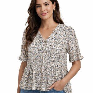 Madewell Floral Vneck Peplum Short Sleeve Blouse Size Medium